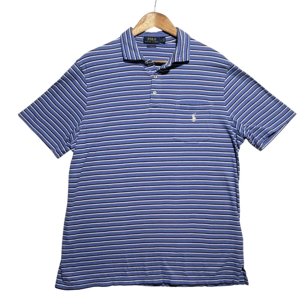 Polo Ralph Lauren Mens Size Large Blue‎ White Striped Collared Shirt Pony Pocket